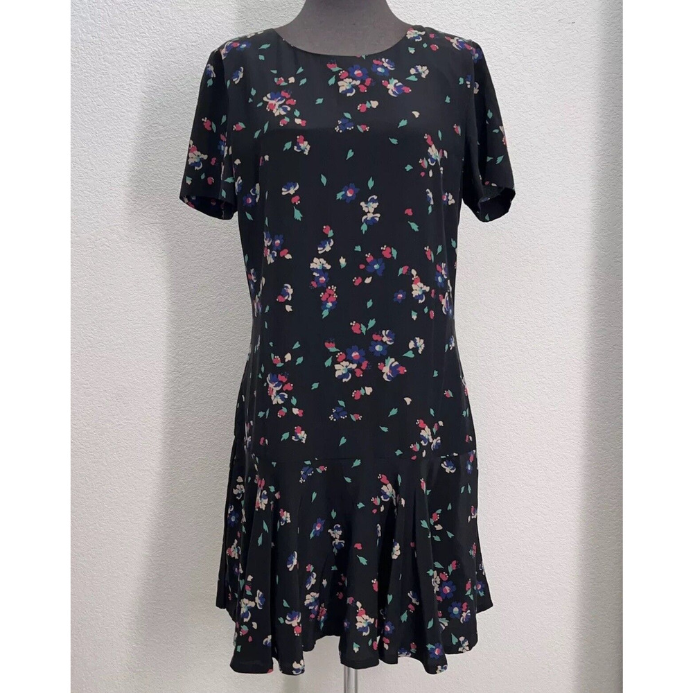 Sezane Silk Floral Dress Women 38 (M) Black Flower Print Short Sleeve